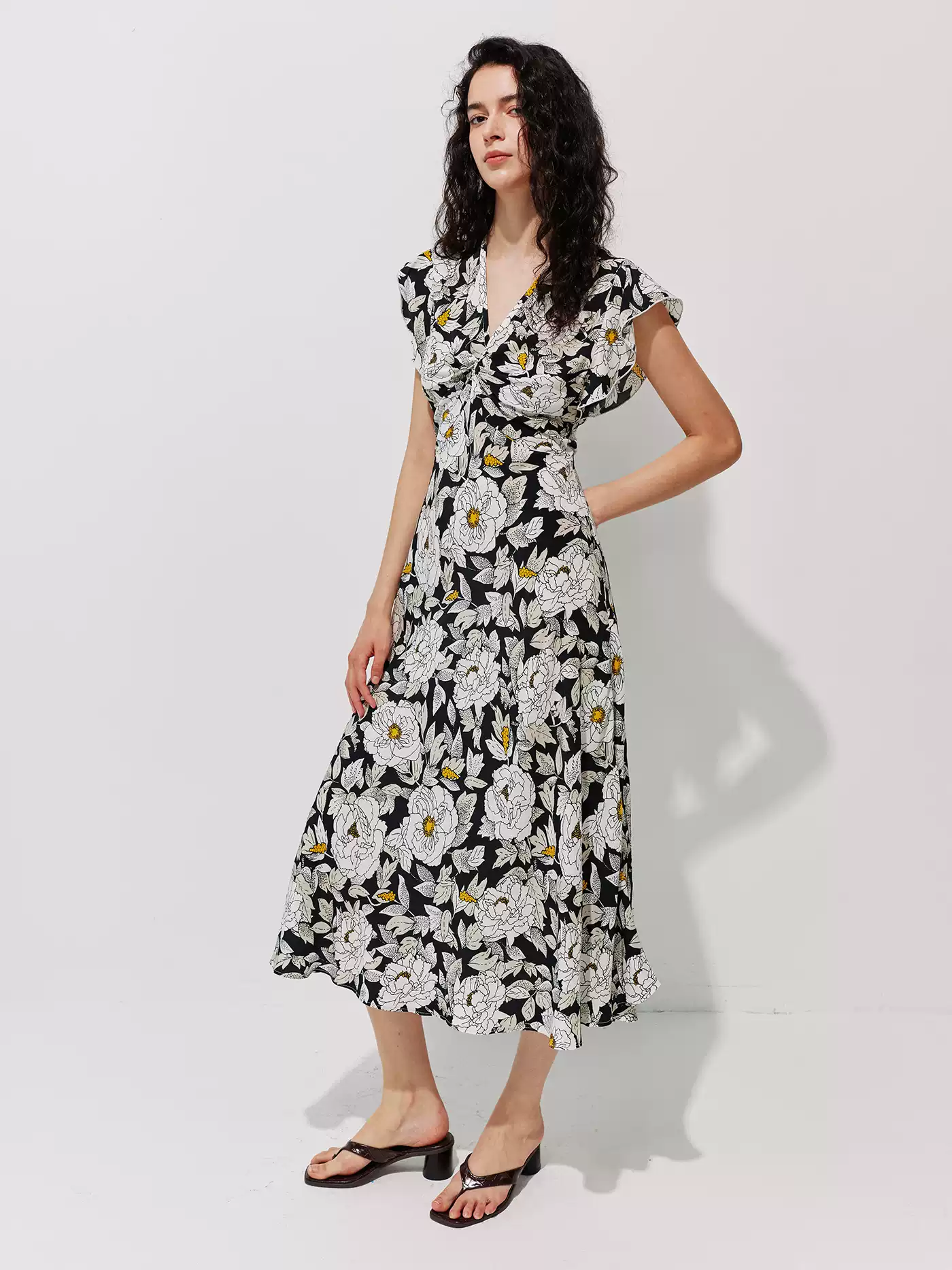 DVF Floral V-Neck Flutter-Sleeve Tea Dress - alternate view