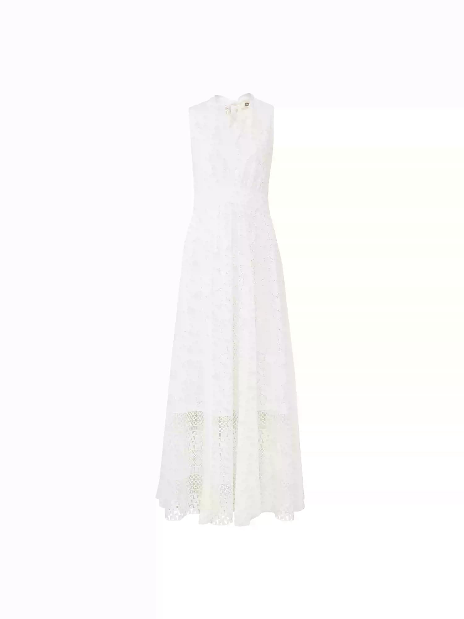 Discover the DVF Fall 2026 sleeveless cotton dress, featuring intricate embroidery, lace panels, a V-neckline and a flattering A-line silhouette. Available in purple. - photo 4