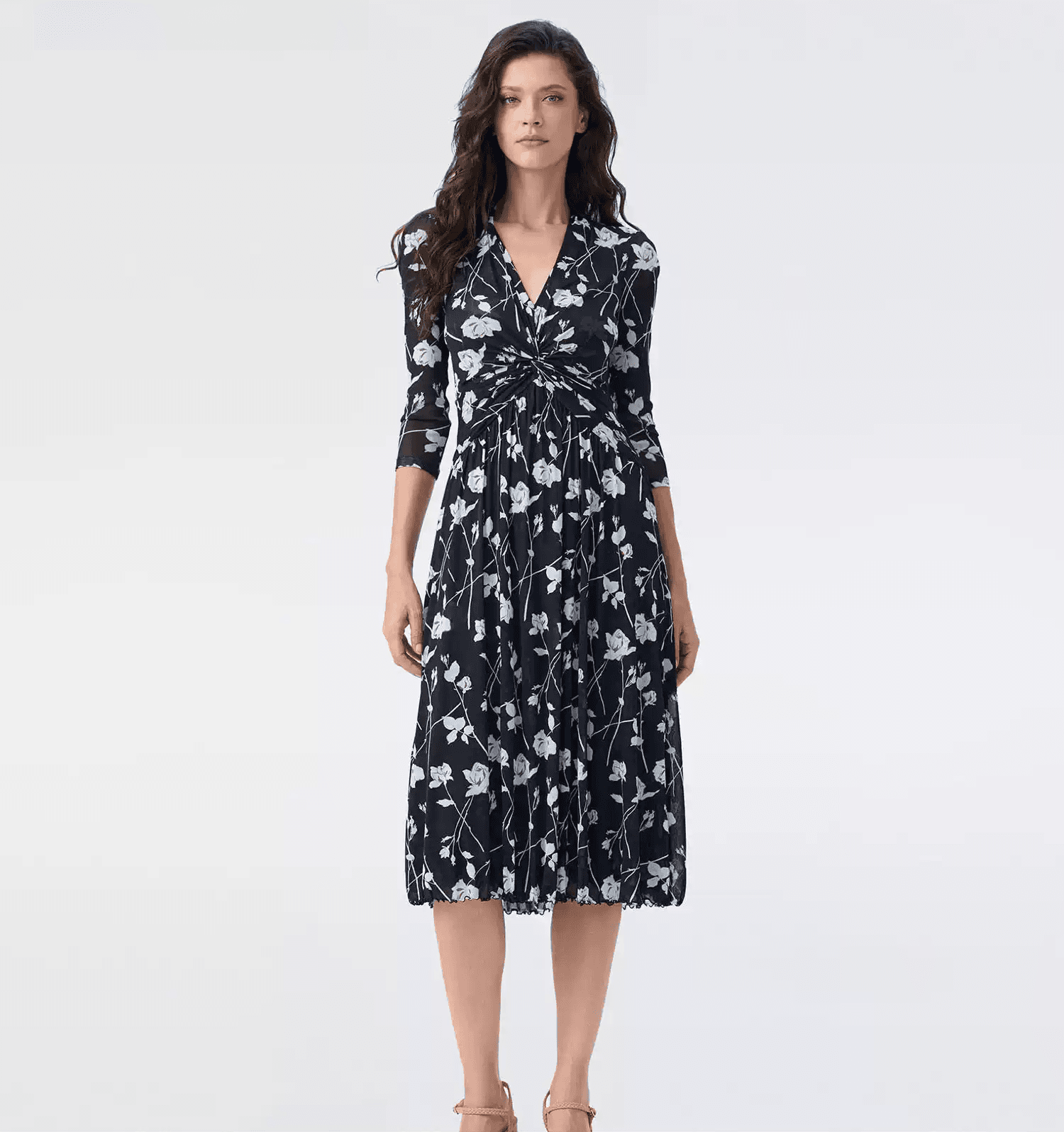 DVF Fall 2026 Black-and-White Floral Wrap Dress