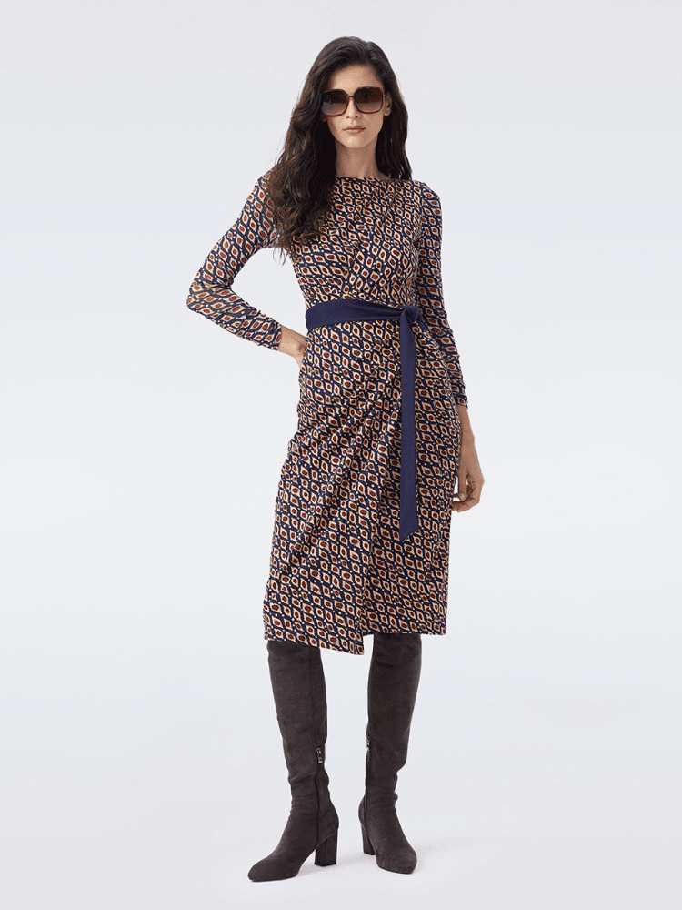 DVF Fall 2026 Diamond-Pattern Faux-Wrap Knit Dress