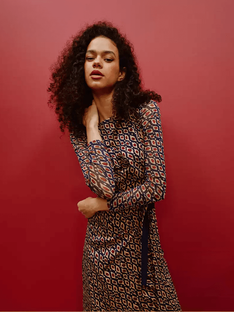 DVF Fall 2026 Diamond-Pattern Faux-Wrap Knit Dress - detail 7