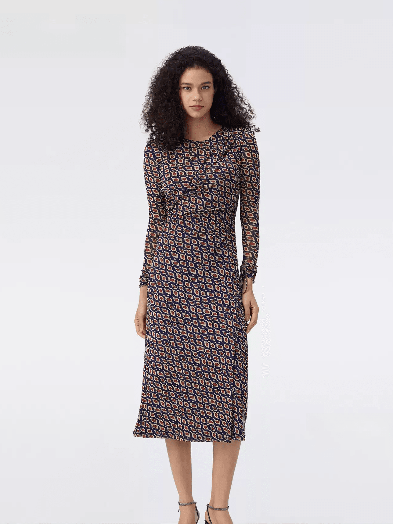 DVF Fall 2026 New Arrival Elegant Navy and Red Check Stretch Mesh Dress