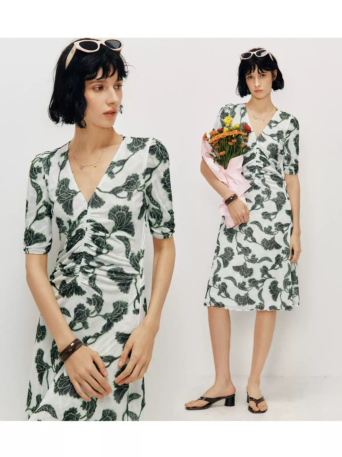 DVF Floral-Print Stretch-Mesh V-Neck Tea Dress