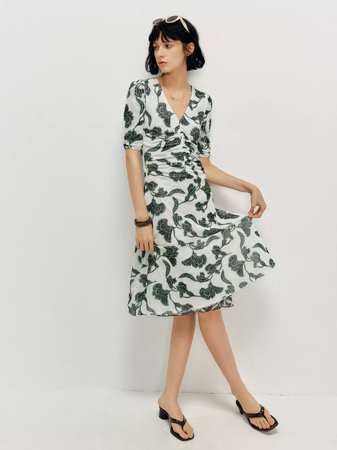 DVF Floral-Print Stretch-Mesh V-Neck Tea Dress - alternate view