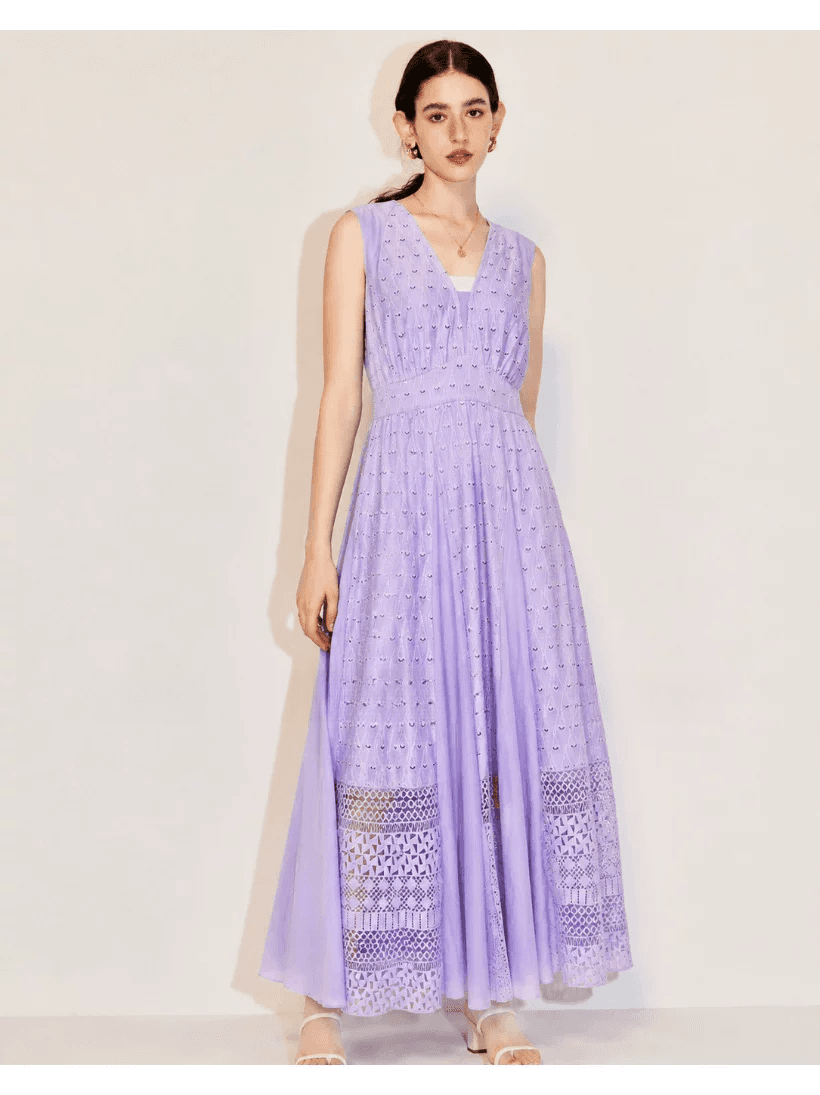 DVF Fall 2026 Embroidered V-Neck Dress with Lace Panels - detail 15
