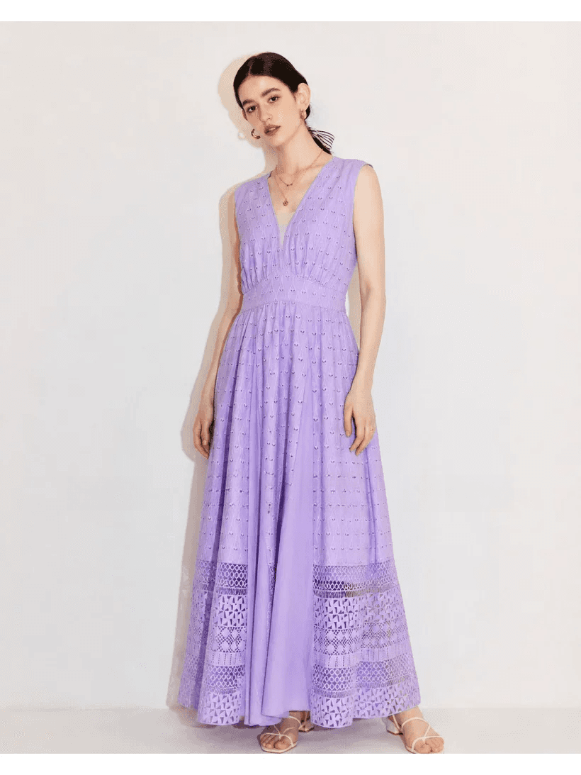 DVF Fall 2026 Embroidered V-Neck Dress with Lace Panels - detail 17