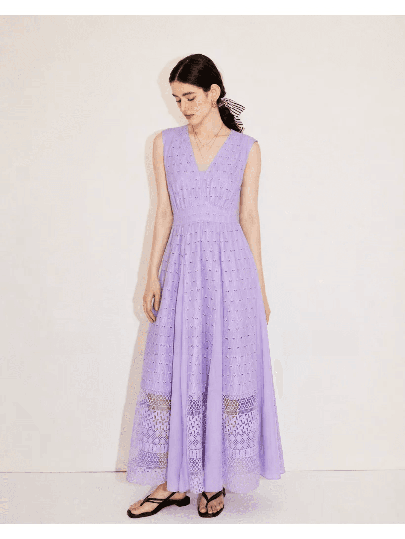 DVF Fall 2026 Embroidered V-Neck Dress with Lace Panels - detail 18