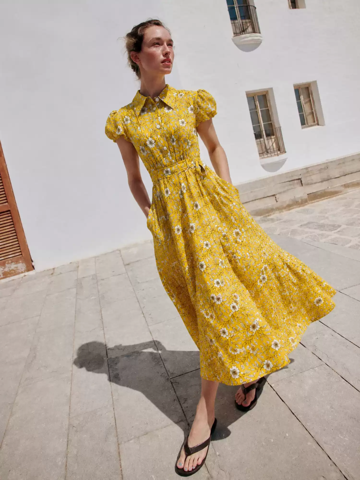 DVF Fall 2026 Yellow Floral Puff-Sleeve Tea Dress