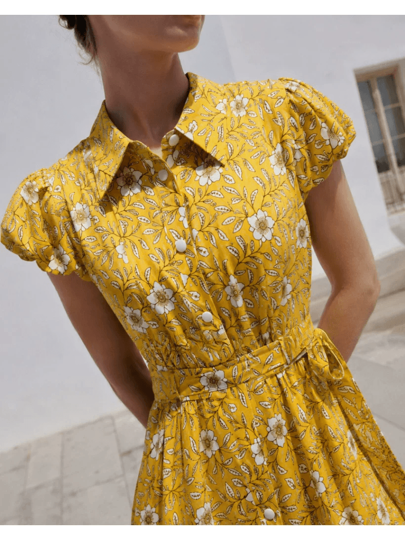 DVF Fall 2026 Yellow Floral Puff-Sleeve Tea Dress - detail 19